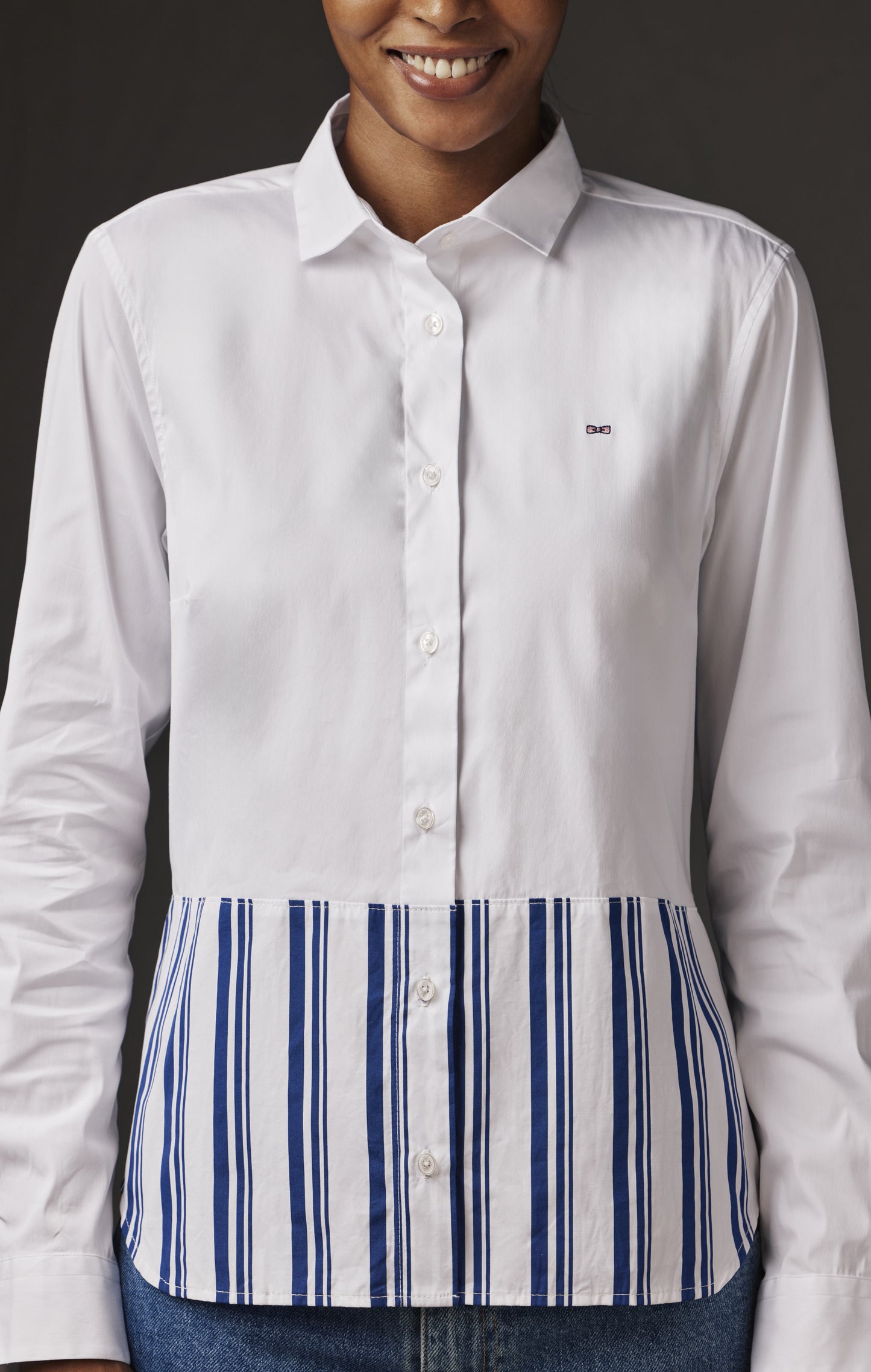 Pap'Atelier upcycled white cotton poplin and striped patchwork shirt