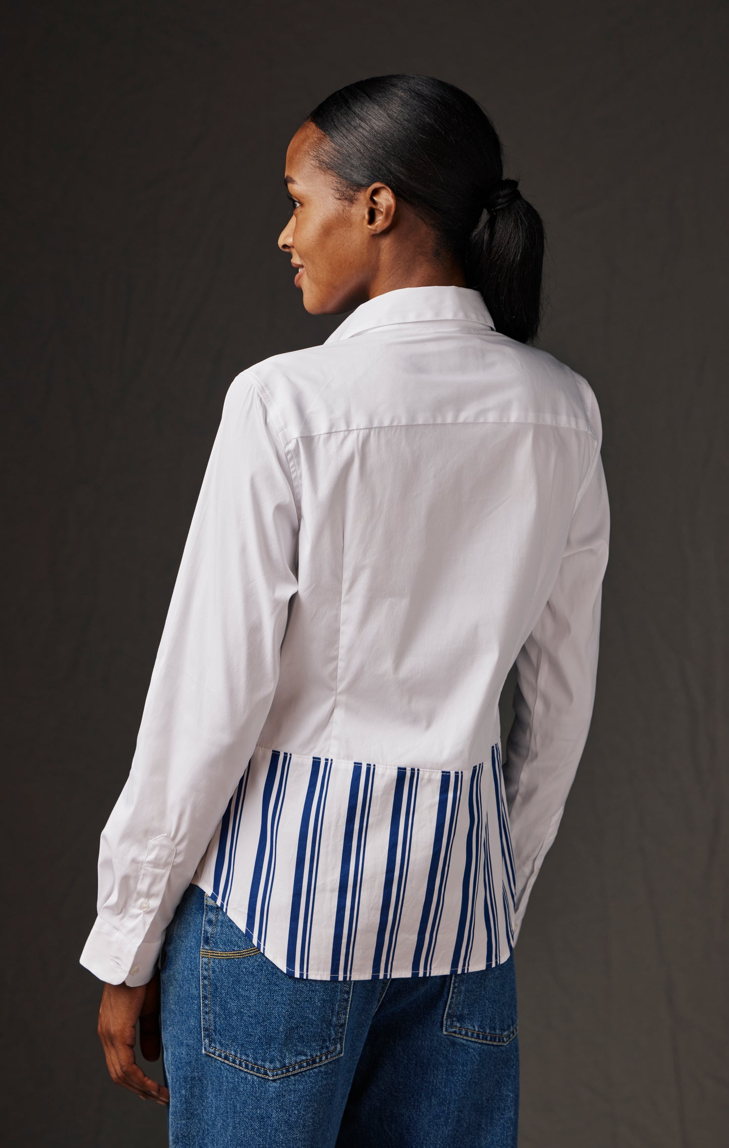 Pap'Atelier upcycled white cotton poplin and striped patchwork shirt