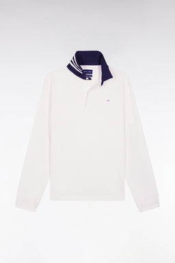Long-sleeved white jersey jersey with striped under collar