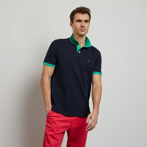 Dark blue polo with green trims, in Pima cotton - Image 3