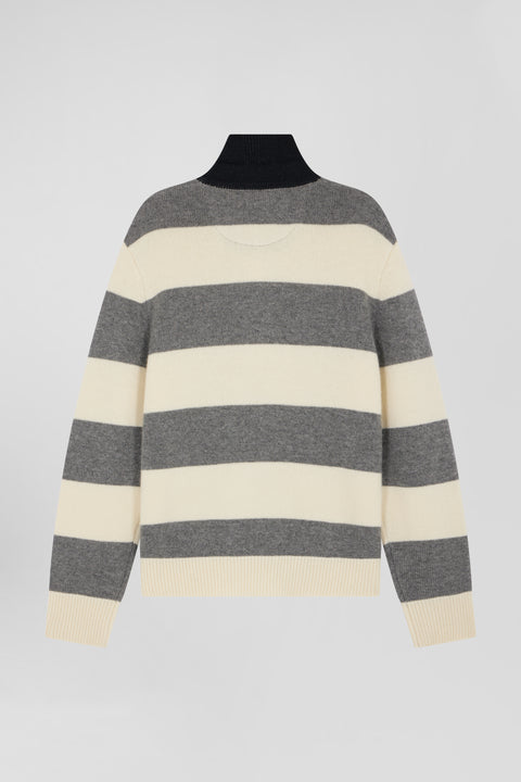 Light grey and ecru striped wool and cashmere polo-neck sweater - Image 2