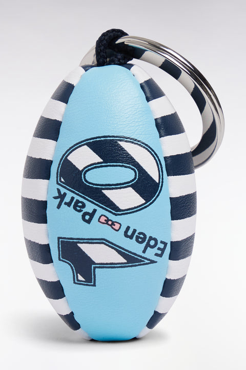 Navy and sky blue striped rugby ball keyring - Image 2
