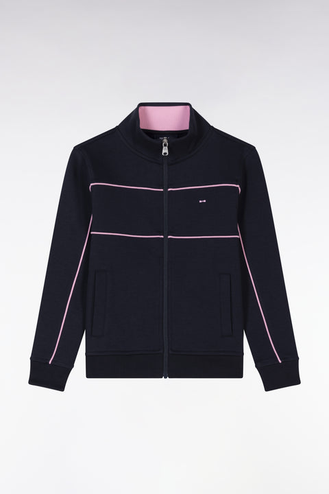 Straight-fit zipped navy stretch cotton sweatshirt with pink piping - Image 1