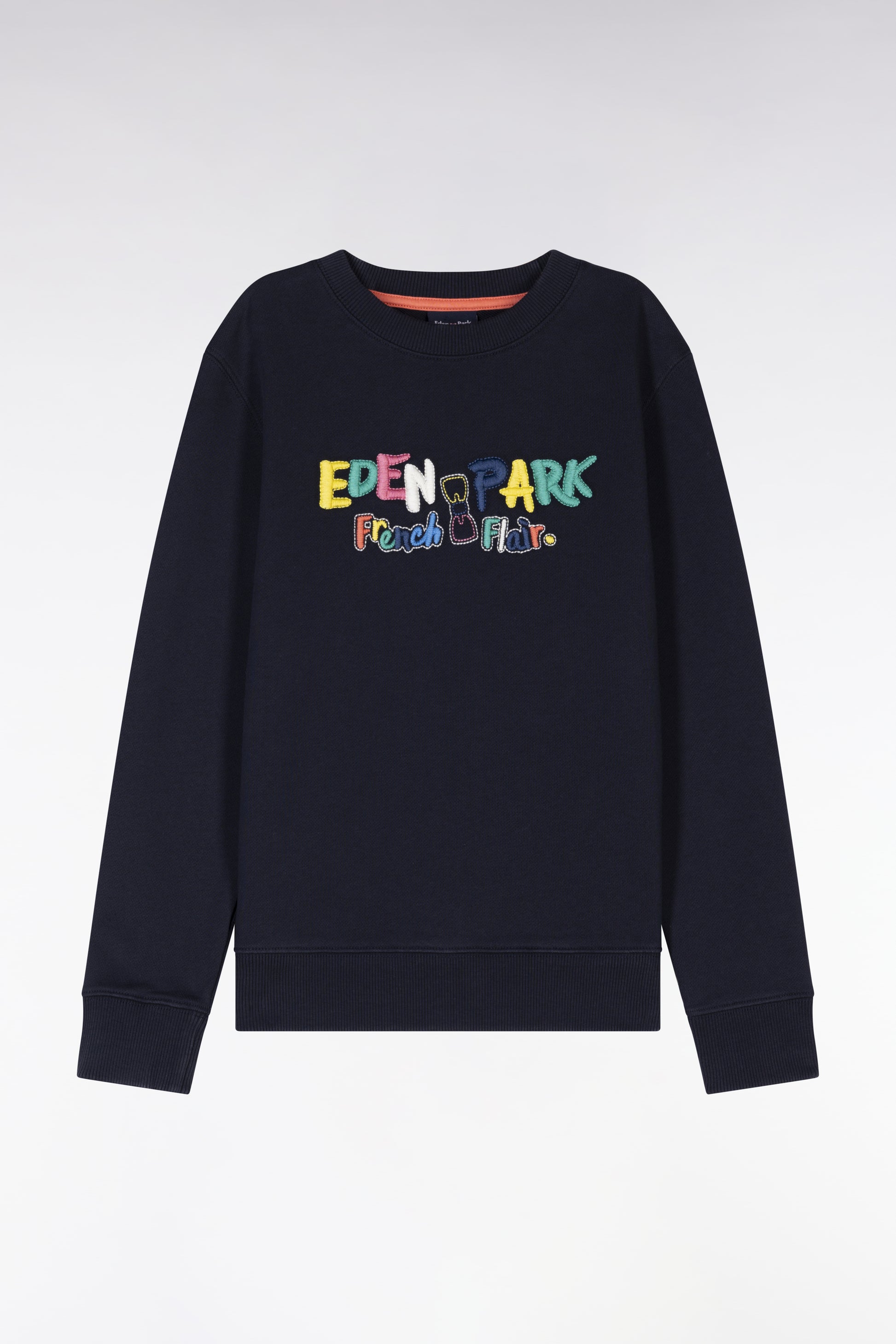 Sweatshirt en coton marine broderie multicolore coupe droite