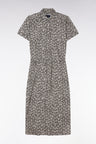 Short-sleeved dress in khaki cotton with palm tree print and relaxed fit