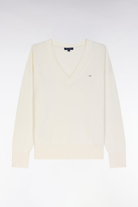 Relaxed-fit beige cotton V-neck jumper - Image 2