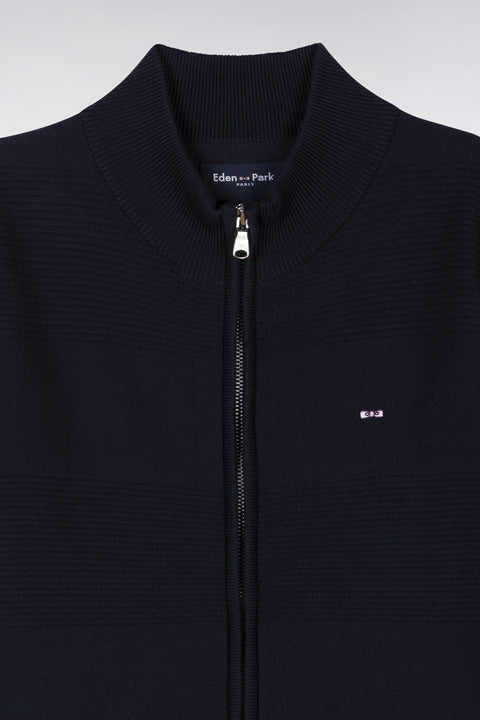 Straight-fit zip-up navy cardigan with stand-up collar - Image 2