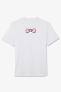 White T-shirt with embroidered bow tie on the back