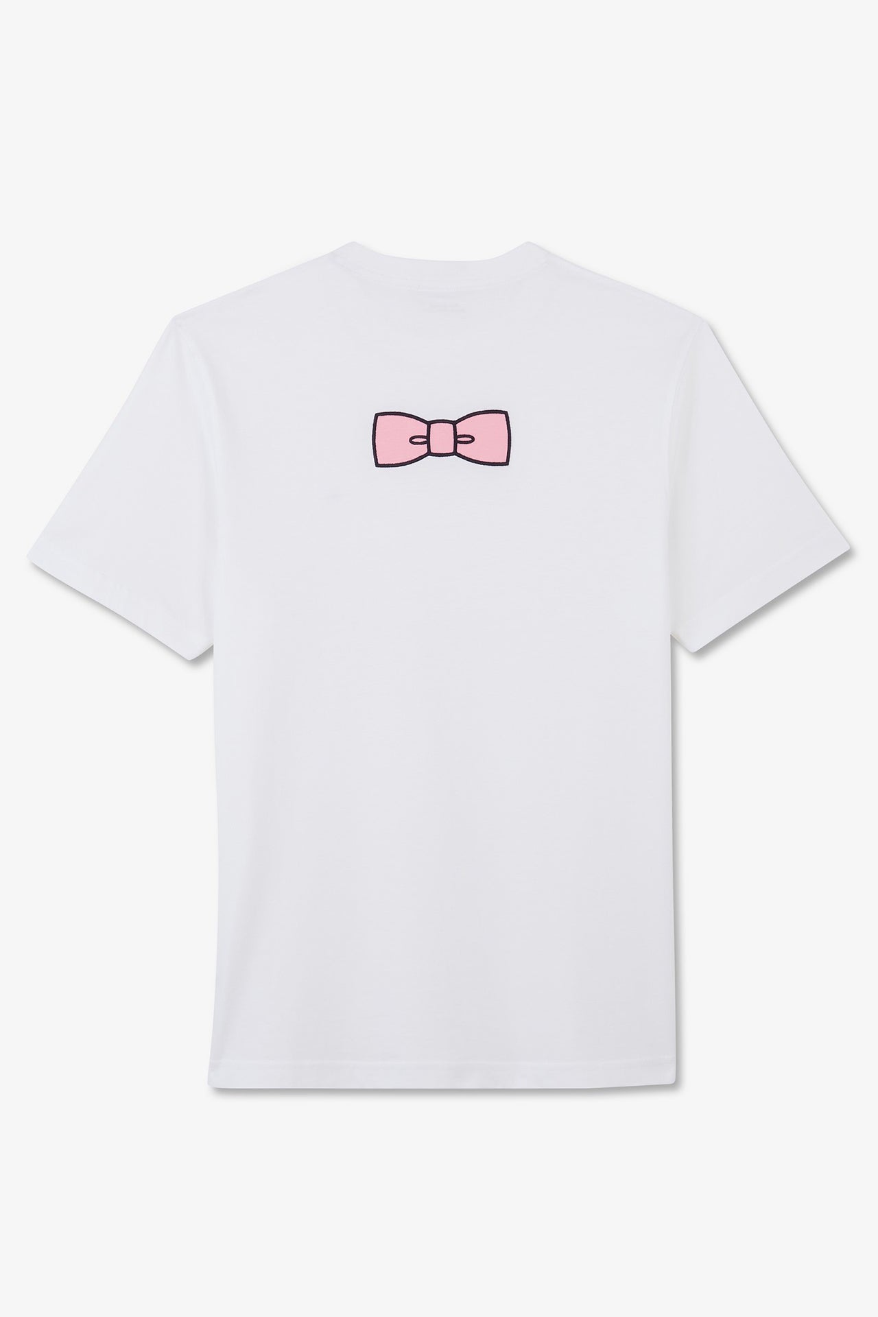 White T-shirt with embroidered bow tie on the back