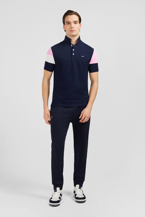 Short-sleeved tricolour navy polo shirt in piqué cotton with bow details - Image 1