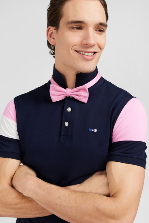 Short-sleeved tricolour navy polo shirt in piqué cotton with bow details - Image 3
