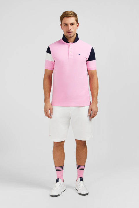 Short-sleeved tricolour pink polo shirt in piqué cotton with bow details - Image 1
