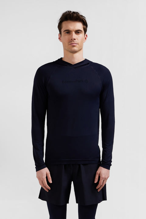 Navy blue hoodie with striped sleeves - Image 2