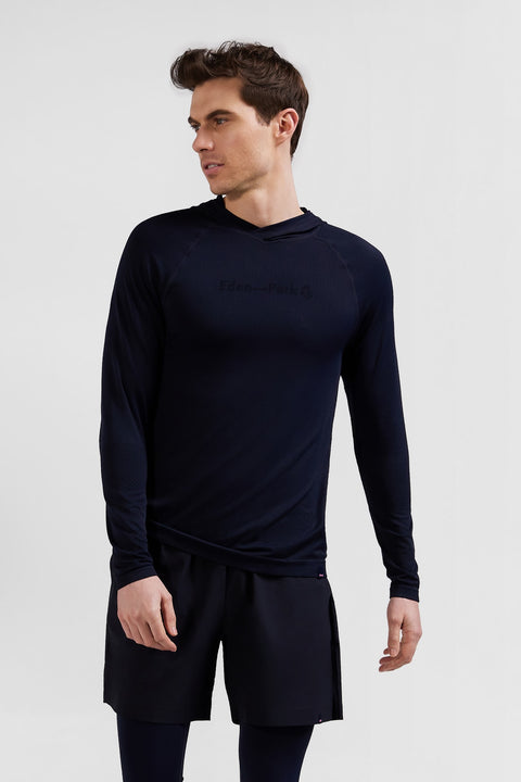 Navy blue hoodie with striped sleeves - Image 1