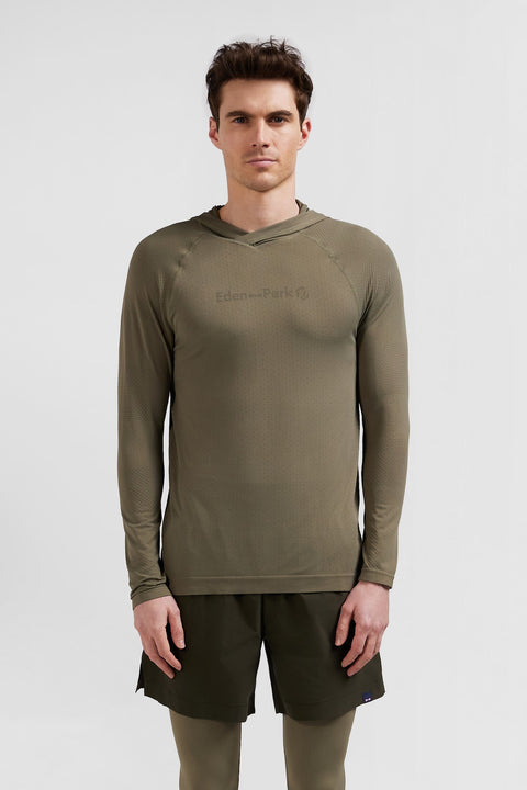Khaki green hoodie with striped sleeves - Image 2