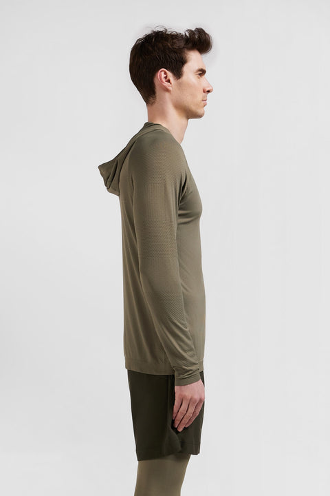 Khaki green hoodie with striped sleeves - Image 3