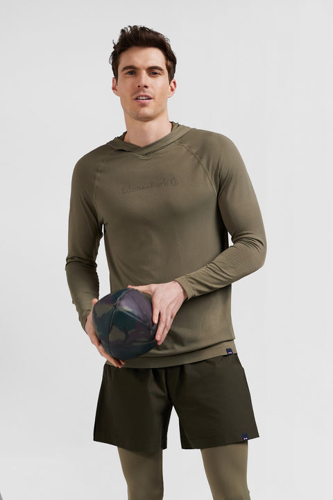 Khaki green hoodie with striped sleeves - Image 1