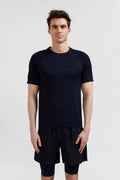 Navy blue short-sleeved sports T-shirt with striped details