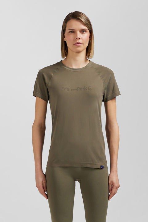 Khaki green short-sleeved sports T-shirt with striped details - Image 2