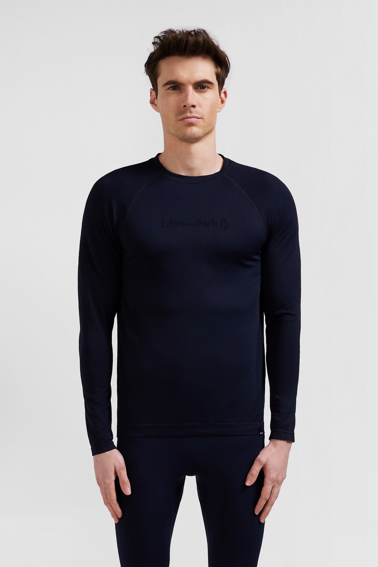 Navy blue long-sleeved sports T-shirt with striped details