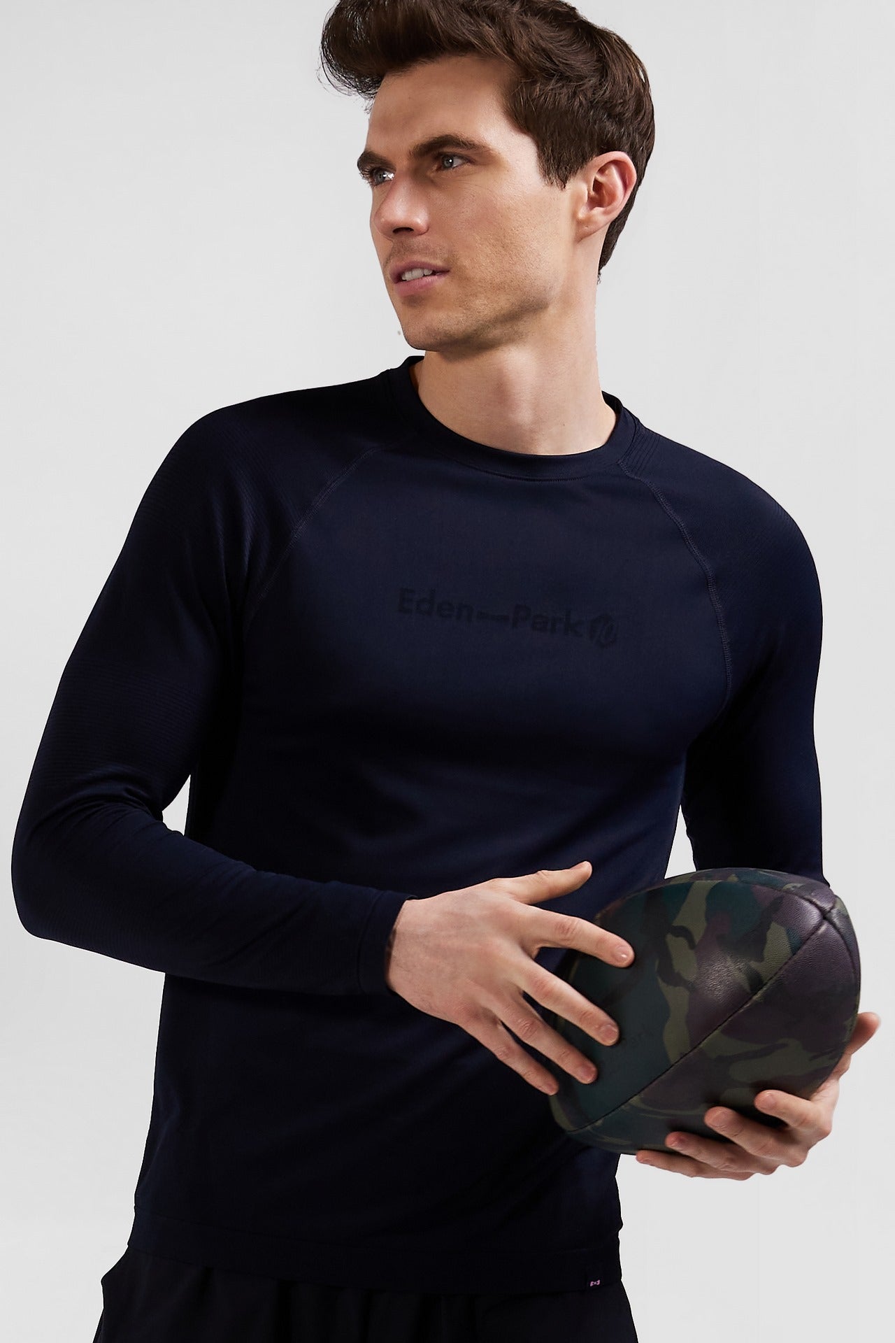 Navy blue long-sleeved sports T-shirt with striped details