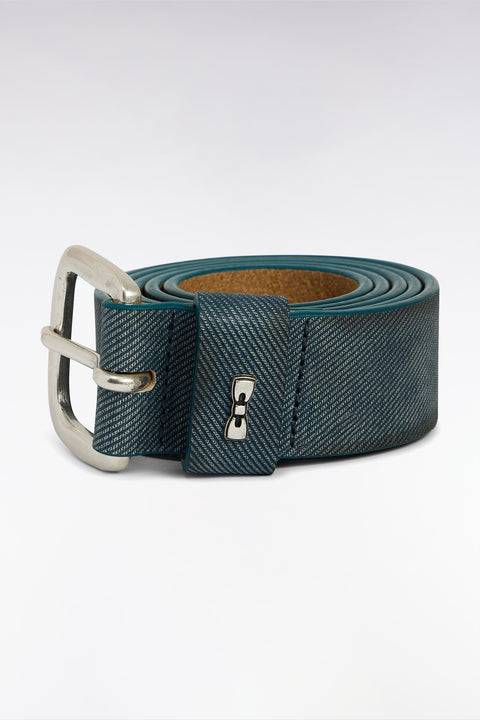 Grey split leather belt with denim effect - Image 1