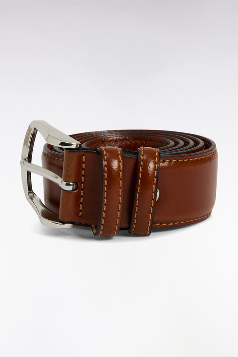 Brown smooth leather belt with double loops - Image 1