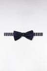 Navy silk bow tie with striped-necked neckline