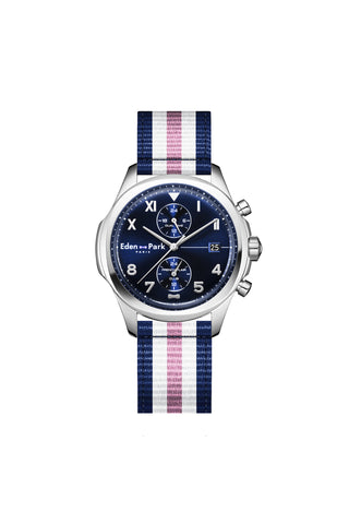 Quartz chronograph watch blue background tricolor striped NATO strap