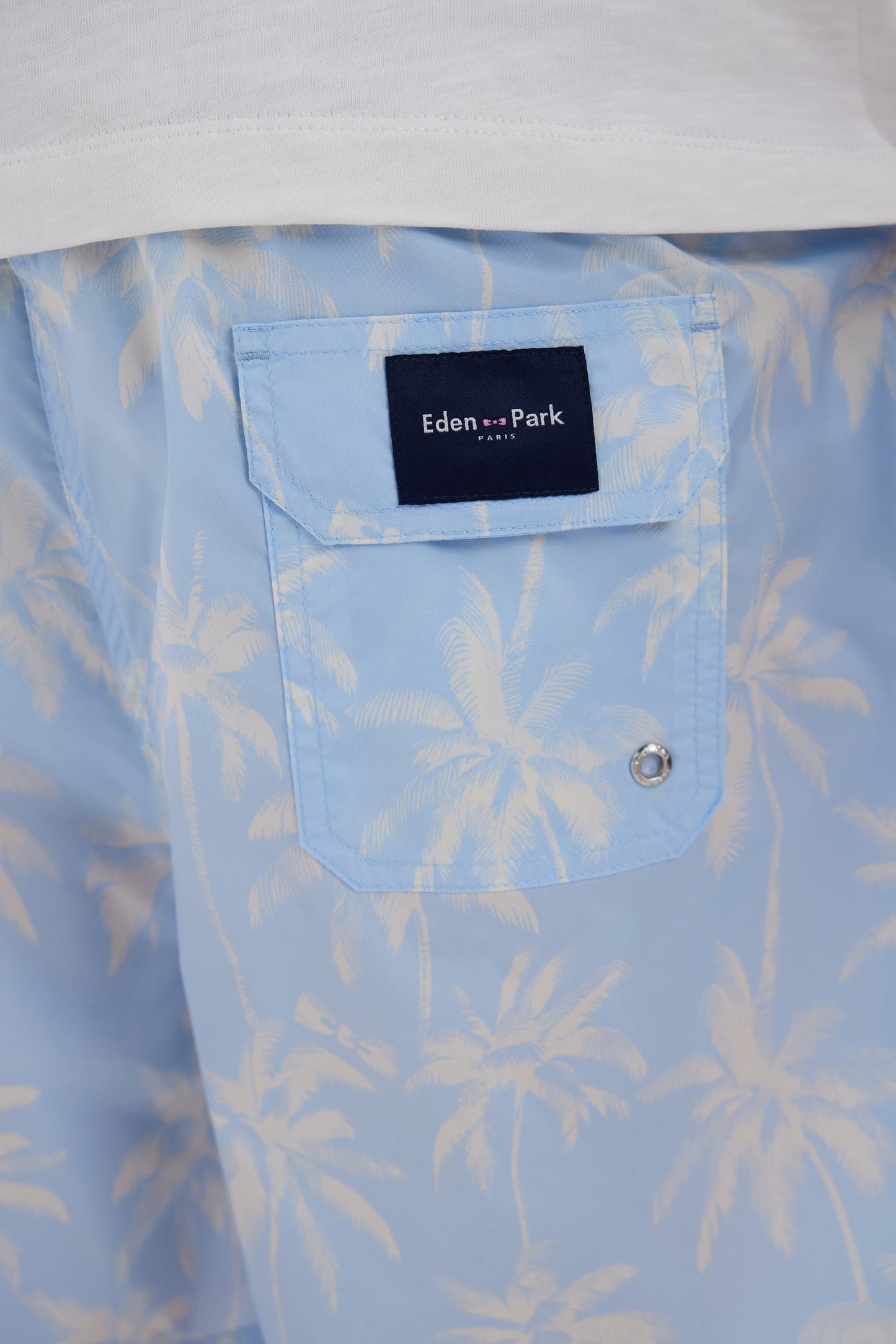 Sky blue swimsuit with palm tree print