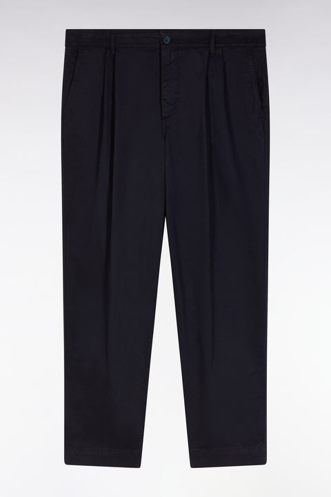Pleated straight fit chinos in navy stretch cotton - Image 1