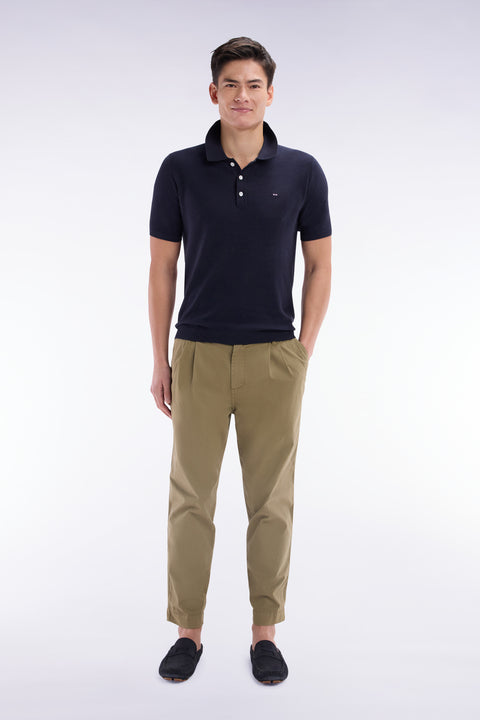 Pleated straight fit chinos in khaki stretch cotton - Image 1