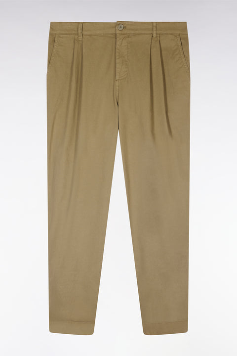 Pleated straight fit chinos in khaki stretch cotton - Image 2