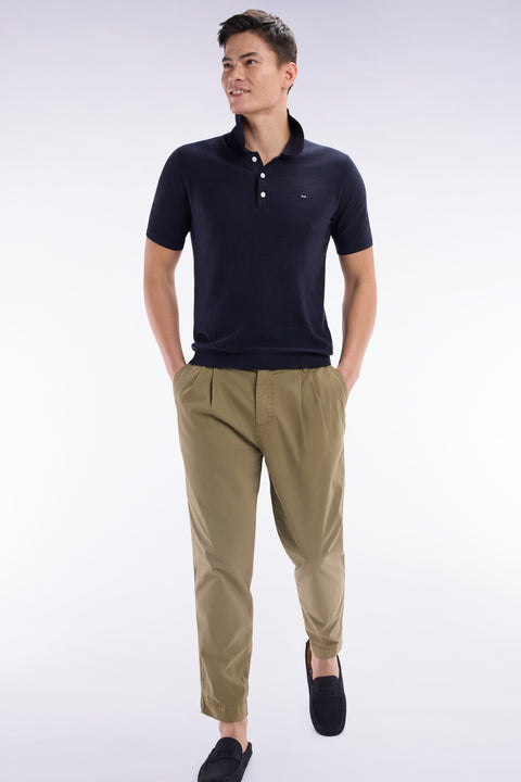 Pleated straight fit chinos in khaki stretch cotton - Image 3
