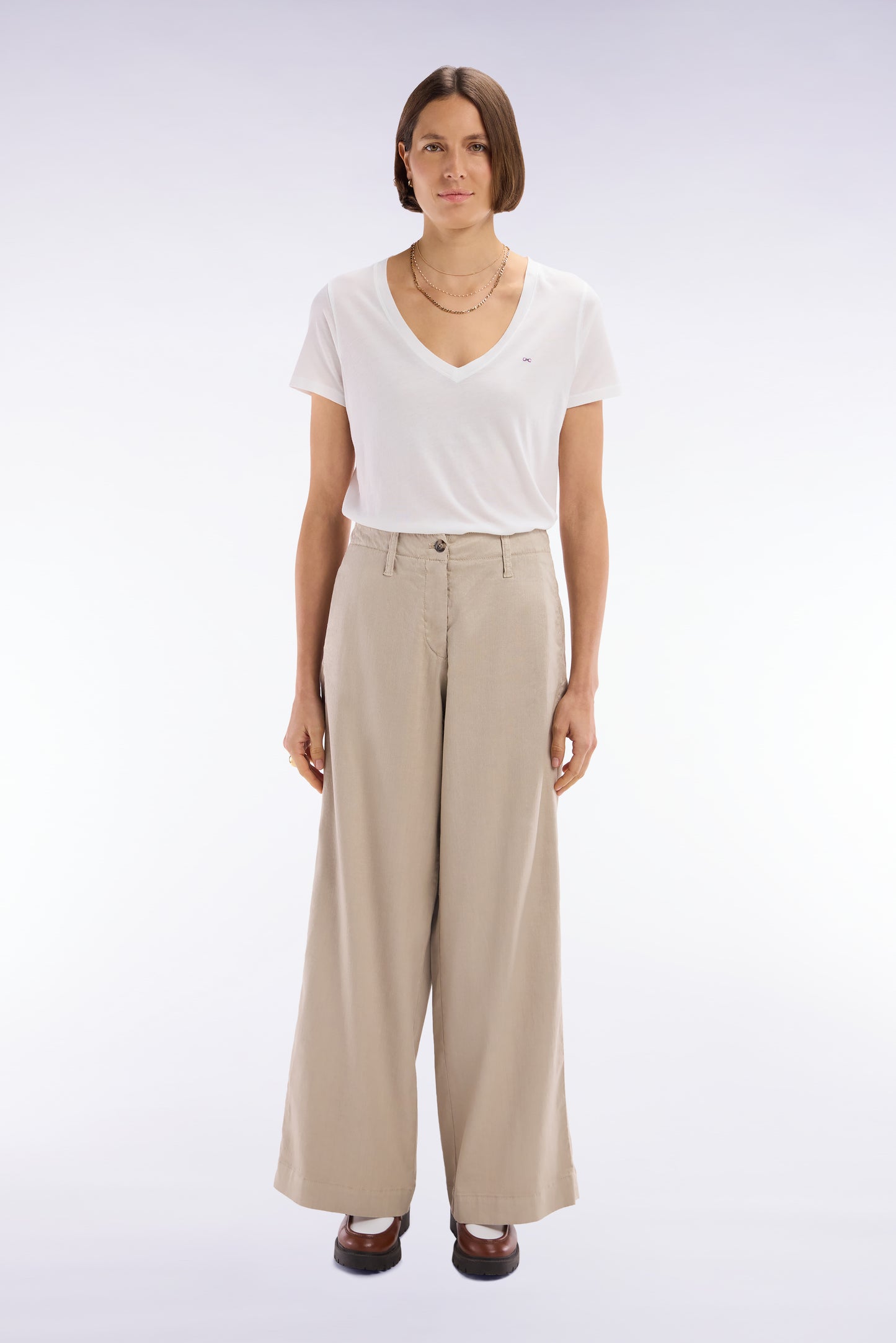 Relaxed fit beige stretch linen and cotton trousers