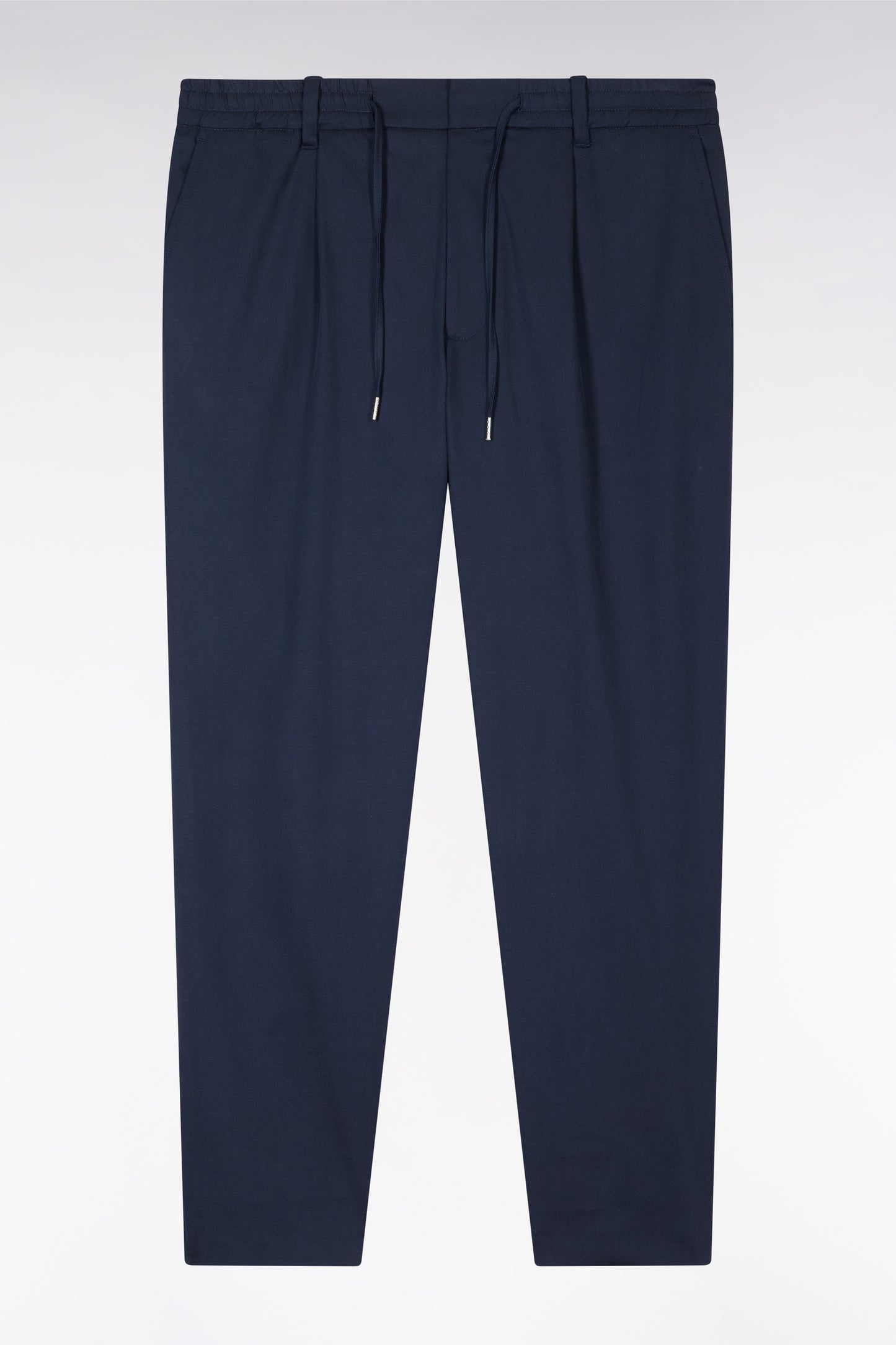 Elastic trousers in navy lyocell and stretch cotton