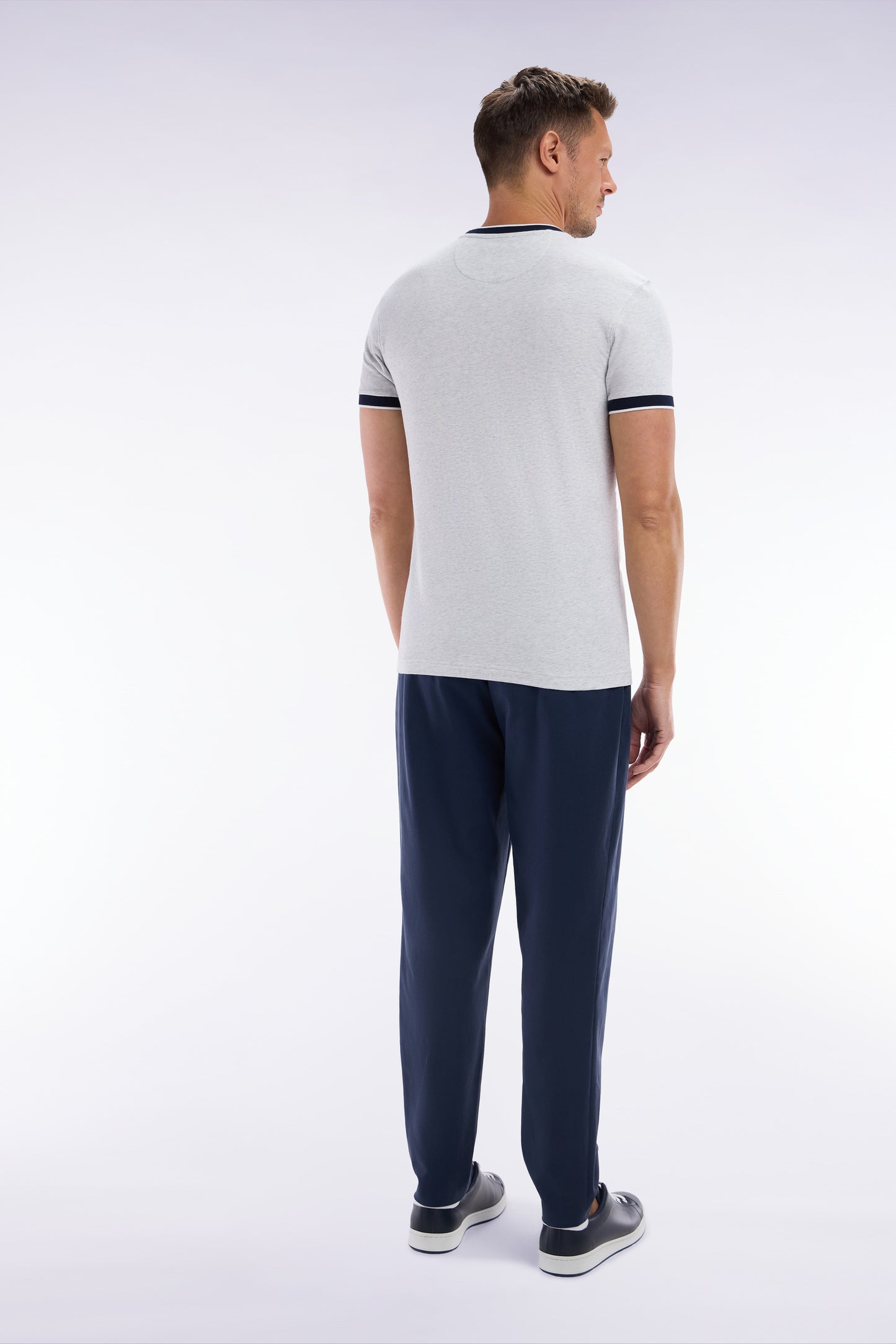 Elastic trousers in navy lyocell and stretch cotton