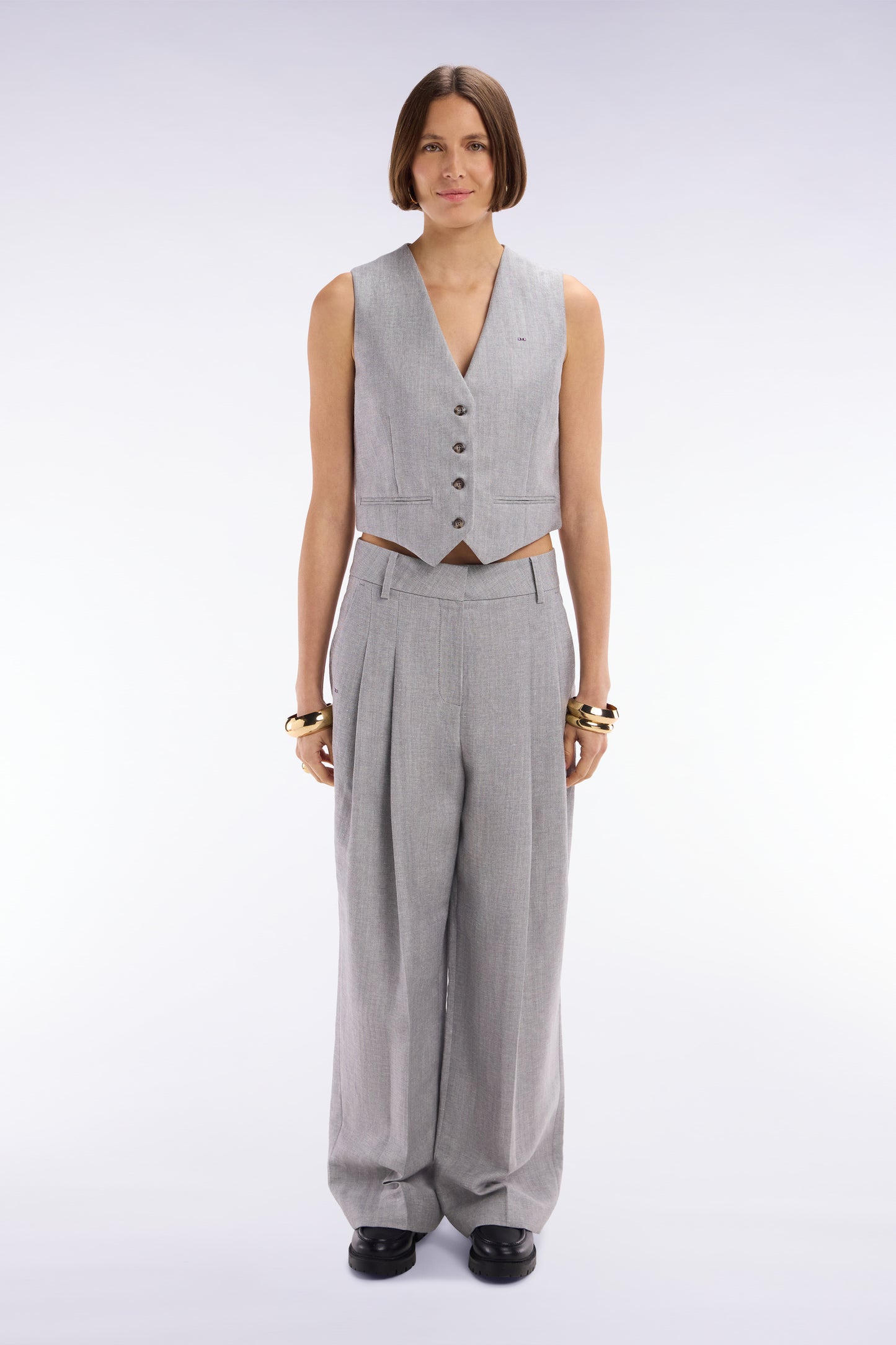 Pleated herringbone trousers in grey wool and linen