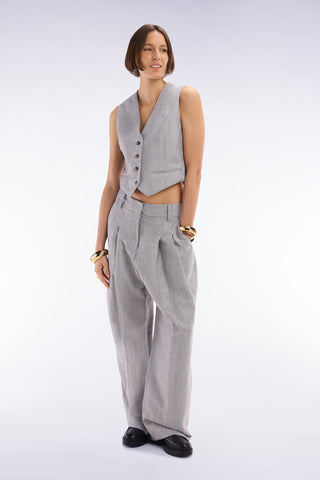 Pleated herringbone trousers in grey wool and linen