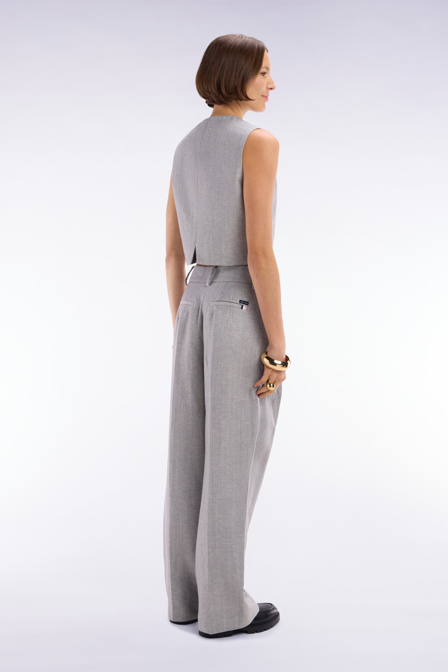 Pleated herringbone trousers in grey wool and linen