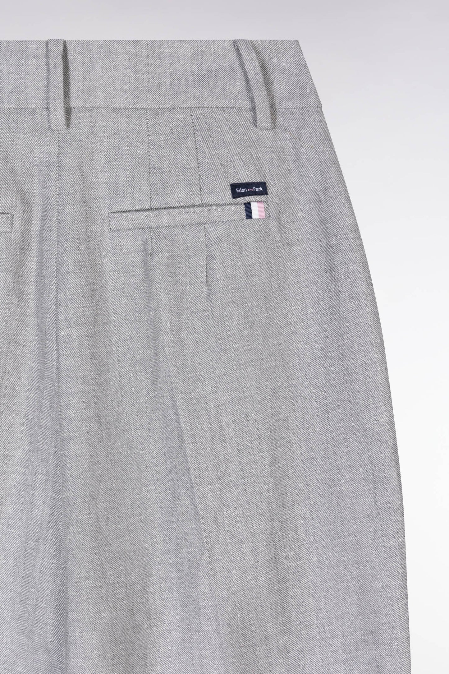 Pleated herringbone trousers in grey wool and linen