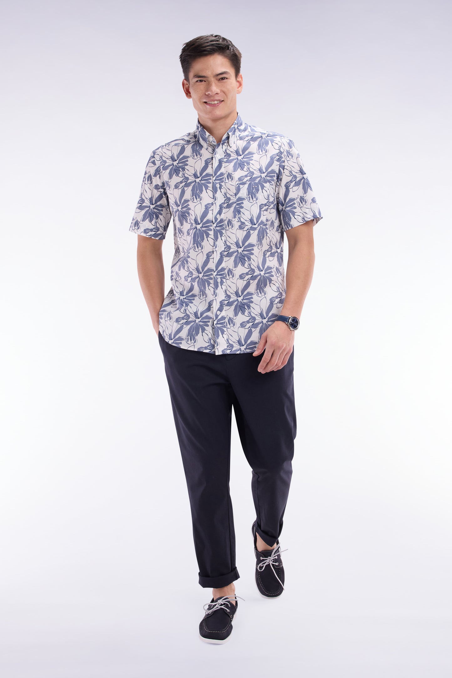 Elastic chinos in navy stretch cotton - lyocell blend