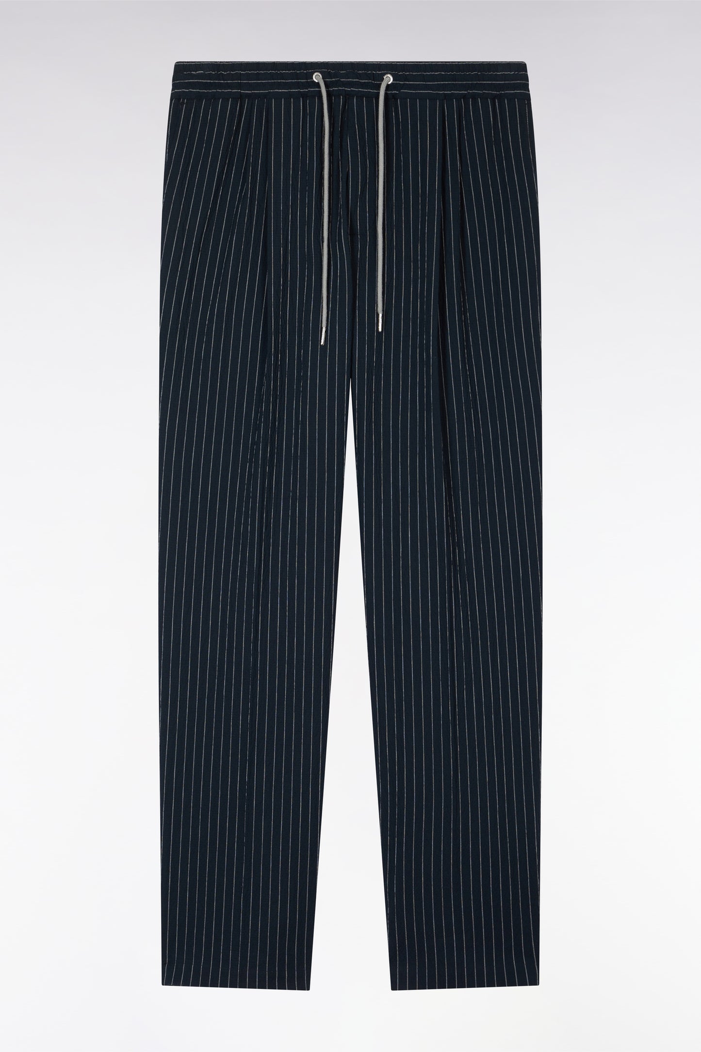 Navy stretch cotton seersucker trousers with tennis stripe