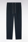 Navy stretch cotton seersucker trousers with tennis stripe