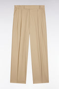 Pantalon à plis jambes larges en lyocell et coton stretch beige