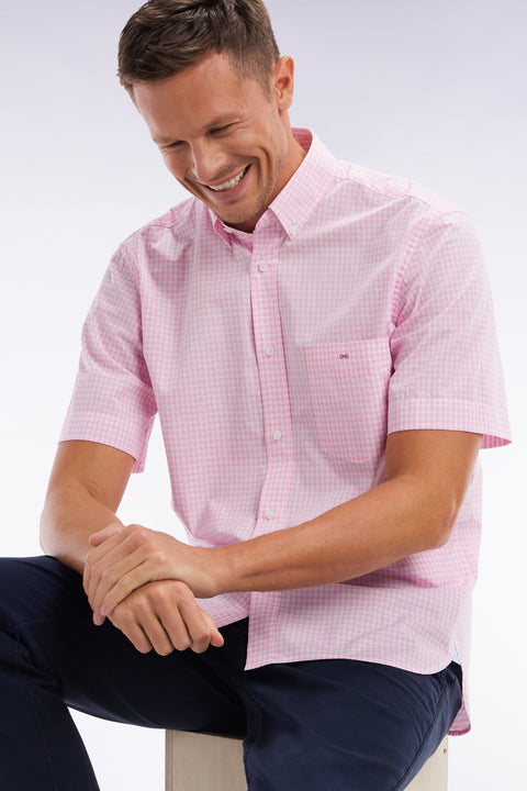 Straight short-sleeved shirt in pink gingham cotton - Image 3