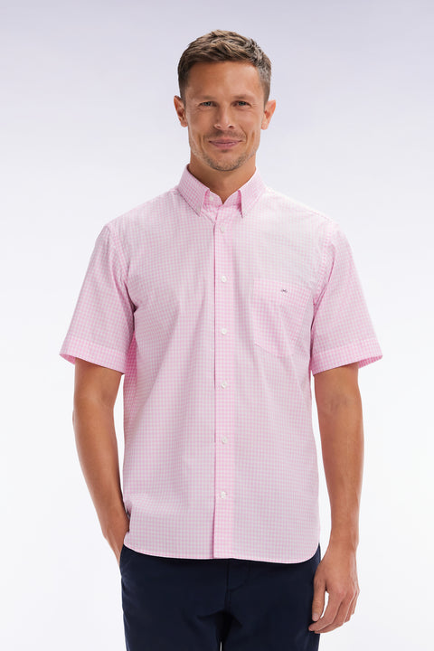 Straight short-sleeved shirt in pink gingham cotton - Image 1