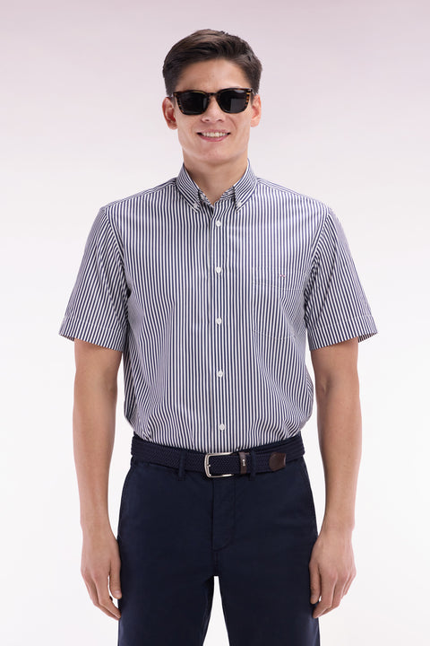 Straight short-sleeved shirt in striped dark blue cotton - Image 1
