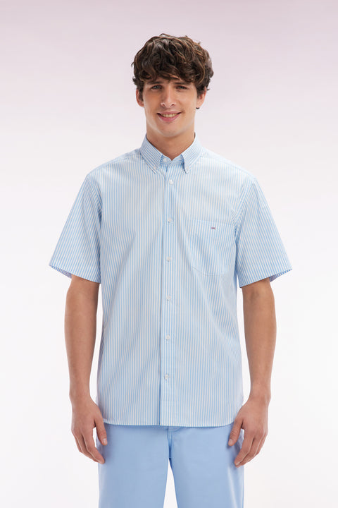 Straight short-sleeved shirt in striped sky blue cotton - Image 1