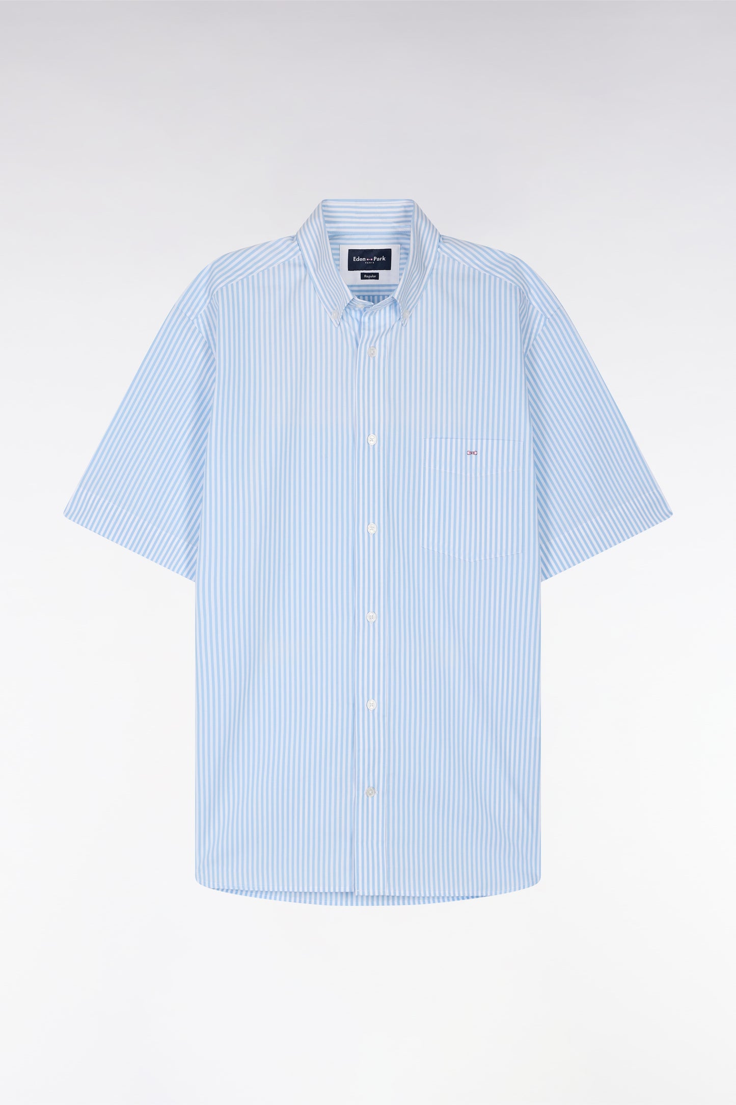 Straight short-sleeved shirt in striped sky blue cotton